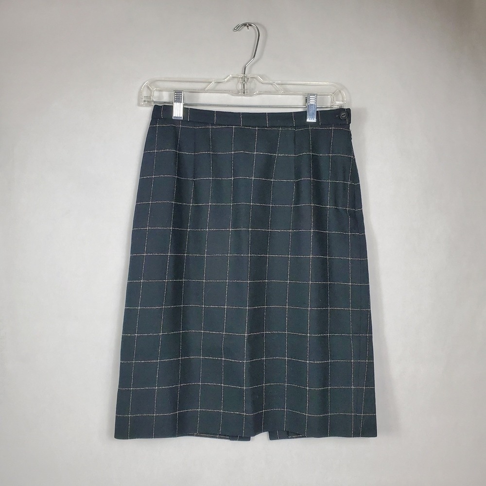 Jones New York Womens SZ 6‎ Worsted Wool Windowpane Plaid Pencil Skirt Green USA